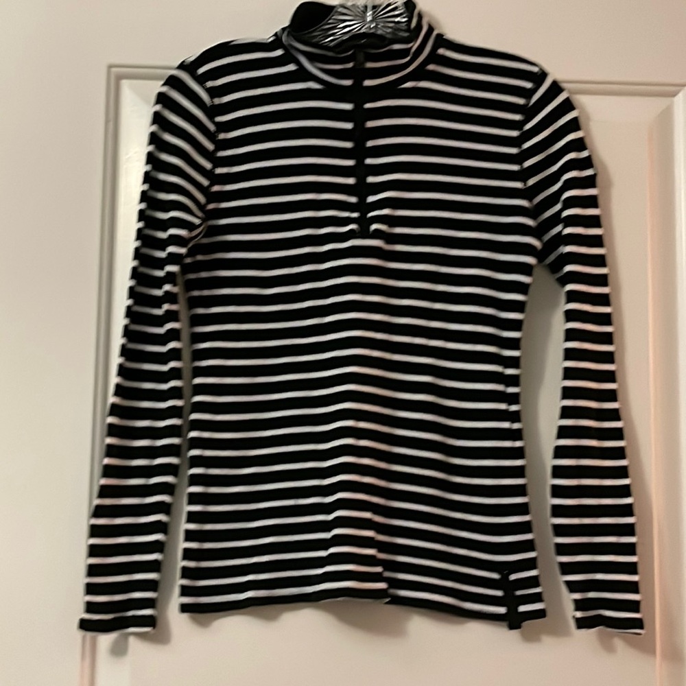 LAUREN ACTIVE-RALPH LAUREN Black-White Striped Long Sleeve Half-Zip Top Sz M